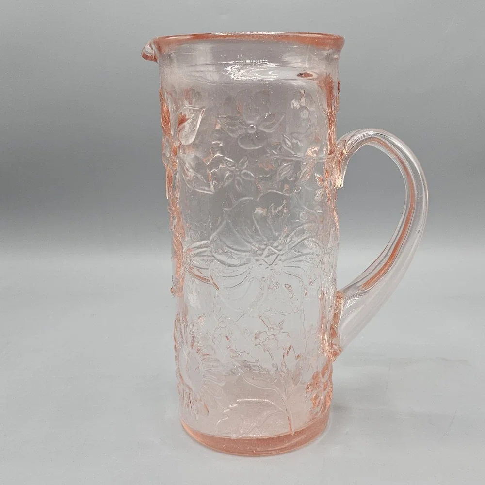 Vintage Hand Blown Pink Pitcher Sunflowers Vines Floral Cottagecore Grandma 9.5